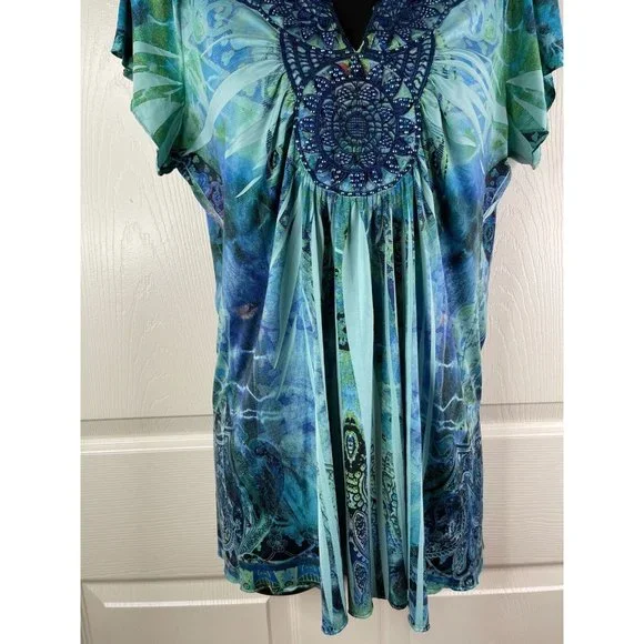 Apt 9 Blouse Women Blue Green Short Sleeve Stretch Smooth Knit Top Size Medium M - Picture 4 of 11